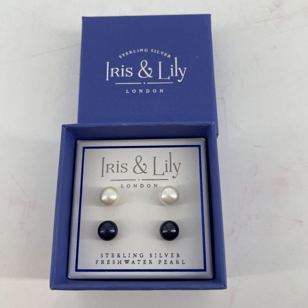 NEW Iris & Lily London 2 Pairs Freshwater Pearl Stud Earrings 925 Silver